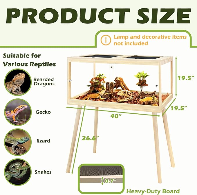 PROLEE Bearded Dragon Tank with Leg, 64 Gallon Tempered Glass Lizard Tank, Reptile Enclosure with Metal Mesh and Lockable Door, Reptile Tank for Snakes,Chameleon (Oak, 40x19.5x19.5 Inch)