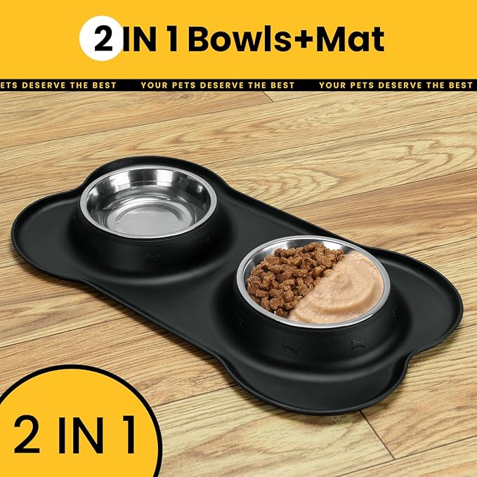 Conlun Dog Bowls with Silicone Feeding Mat, No Spill Food Water Dish Set, Dishwasher Safe, 2 Stainless Steel Puppy Bowls, Suitable for Tiny Dogs Kittens Cats Rabbits Pets under 8lbs, Extra Small,Black