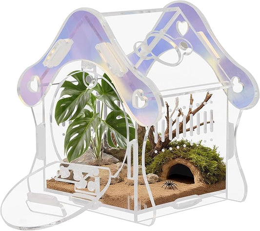 Mushroom Jumping Spider Enclosure Kit, 3mm Acrylic Habitat Tank with Magnetic Feeding Door & Lock, No-Tool Assembly for Jumping Spiders, Mantis, Small Tarantulas