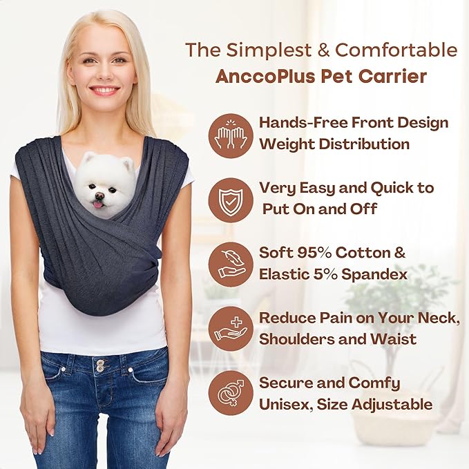 AnccoPlus Dog Carrier for Small Dogs, Front Facing Dog Carrier Sling, Hands Free Cat Sling, Size Adjustable, Reducing Back Pain, Soft Cotton, Premium Dog Sling Carrier (Regular, Charcoal Black)