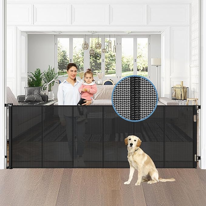 Reinforced 75” Wide Retractable Baby Gates with Support Rods, Retractable Dog Gate for The House Extra Wide Mesh Pet Gate Indoor Outdoor Child Gates for Doorways Stair Gates for Kids or Pets (Black)