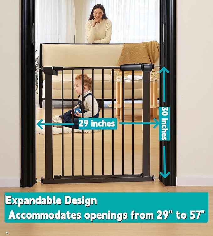 30.47"-32.64" Baby and Pet Safety Gate, 30" Tall Metal Walk-Thru Gate for Doorways & Stairs, Easy One-Hand Open, Dual Lock (Brown, 29" W x 30.5“H)