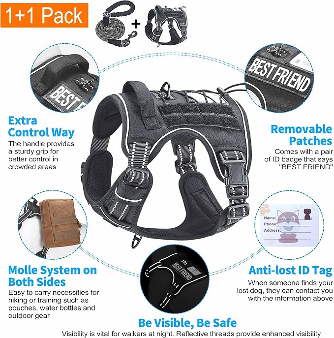 Beebiepet Heavy Duty Tactical Dog Harness for Large Dogs, No Pull Adjustable Pet Harness Reflective Service Training Easy Control Pet Vest Military K9 Working Dog Harnesses-X- Large, Black