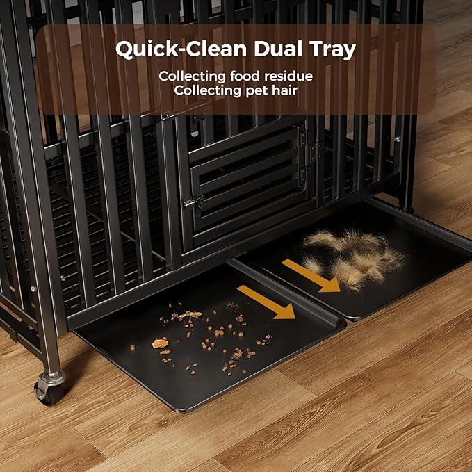 Heavy Duty Dog Crate, Escape-Proof Indestructible Cage for High-Anxiety Dogs, 3-Door Kennel with 4 Lockable Wheels and 2 Removable Trays Ideal for Large & Medium Breeds (43 Inch)