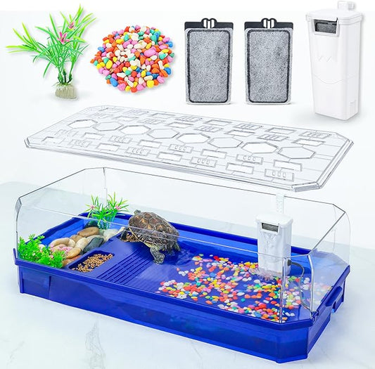 Turtle Tank Tortoise Terrarium with Pump＆Filter with Shower Function Easy to Change Water and Clean Water for Turtle Horned Frog Hermit Crab Blue, XL