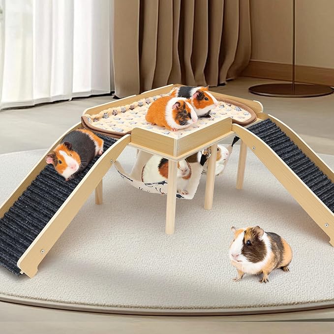 Guinea Pig Hideout Castle, Wooden Chinchilla House with 2 Stairs and Hammock, Small Animals Habitats Hut Accessories for Hamsters Bunny Rabbit Hedgehog Playing Hiding, Easy Assembly
