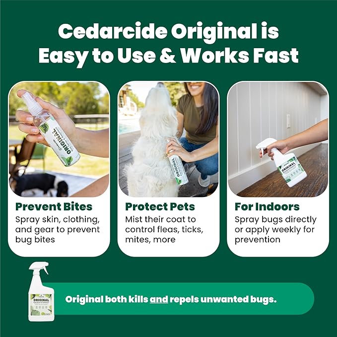 Cedarcide Original Bug Spray | Repel & Kill Fleas, Ticks, Mosquitoes, Mites, Ants & Chiggers | for use on People, Pets & Home | Natural Cedar Oil | Eco-Friendly | Quart