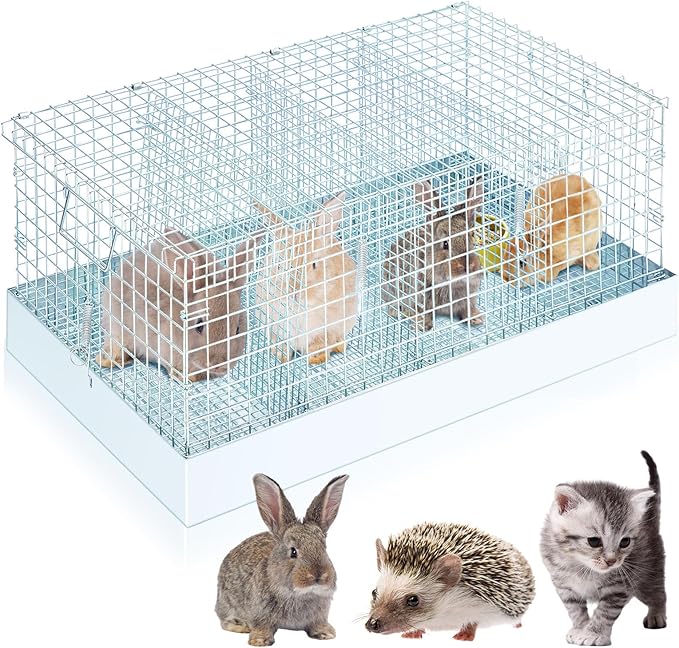 DoubleFill 4 Hole Folding Rabbit Transport Cage, 24 x 12 x 10 in Portable Rabbit Bunny Carrier with Tray and Handles for Travel Temporary Housing, Indoor Outdoor Pet Habitat Animal Enclosure