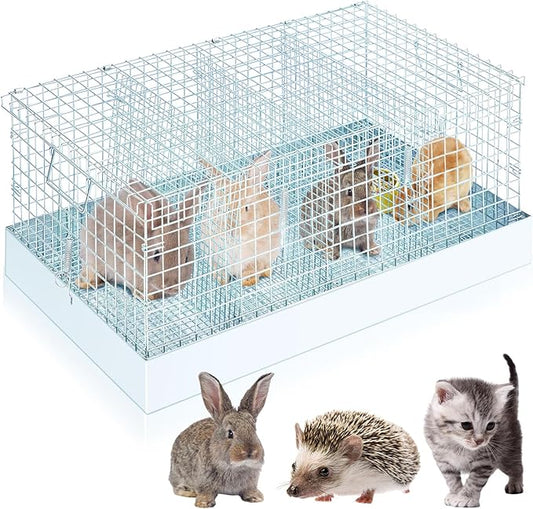 DoubleFill 4 Hole Folding Rabbit Transport Cage, 24 x 12 x 10 in Portable Rabbit Bunny Carrier with Tray and Handles for Travel Temporary Housing, Indoor Outdoor Pet Habitat Animal Enclosure