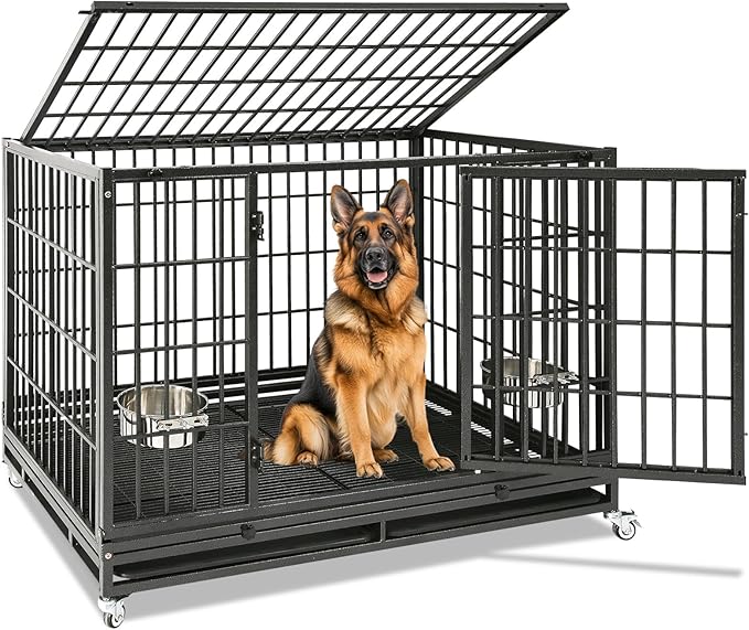 Homey Pet Heavy Duty Dog Crates for Large Dogs, 47 Inch Stackable Large Dog Crate Cage with 4 Wheels, 2 Removable Trays and Grids, 2 Bowls, Multi Locks Strong & Solid Escape Proof Dogs Kennel Indoor