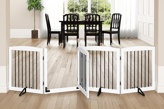 PUPETPO Freestanding Dog Gate with Door, Pet Gate for Stairs, 80 inch Wide Pet Barrier Indoor, Dog Fences Indoor, Support Feet Included, 4 Panels, 24" Tall, White & Black
