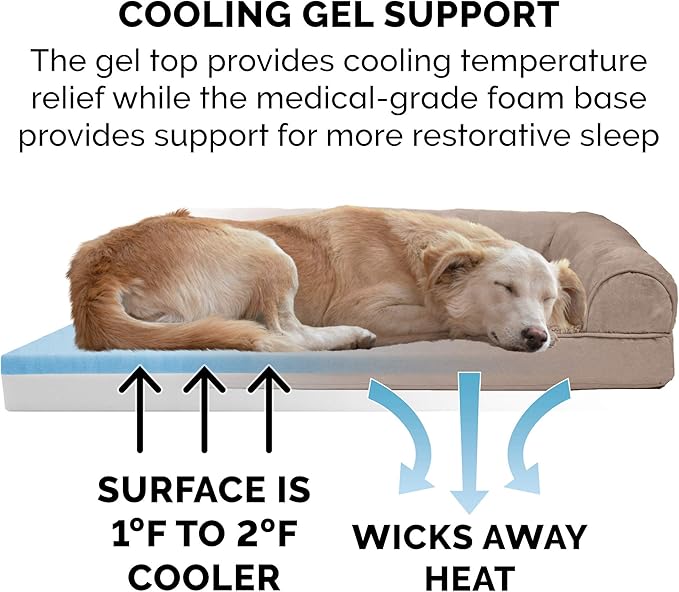 Furhaven Cooling Gel Dog Bed for Large/Medium Dogs w/ Removable Bolsters & Washable Cover, For Dogs Up to 55 lbs - Plush & Suede Sofa - Almondine, Large