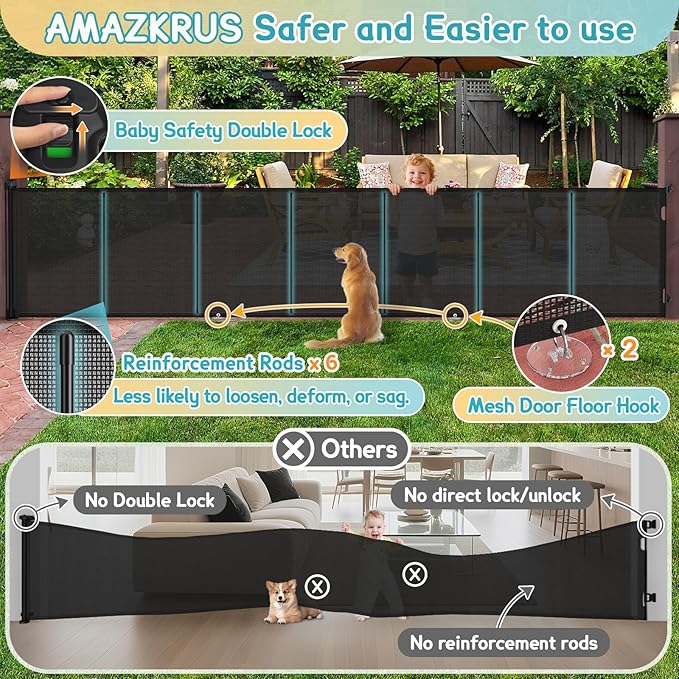 200'' Retractable Baby Gates Extra Wide, 42'' Extra Tall Retractable Dog Gate, 16 FT Black Indoor/Outdoor Retractable Gate with Reinforcement Rods for Garage, Doorways, Stairs, Decks, Driveway, Patio