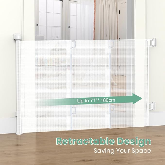 HAMOPY Retractable Baby Gate, 33" Tall, Extends up to 71" Extra Wide Baby Gate, Durable Auto-Lock Mesh Dog Gate, Pets and Child Safety Gates for Stairs, Doorways, Hallways, Indoor, Outdoor(White)