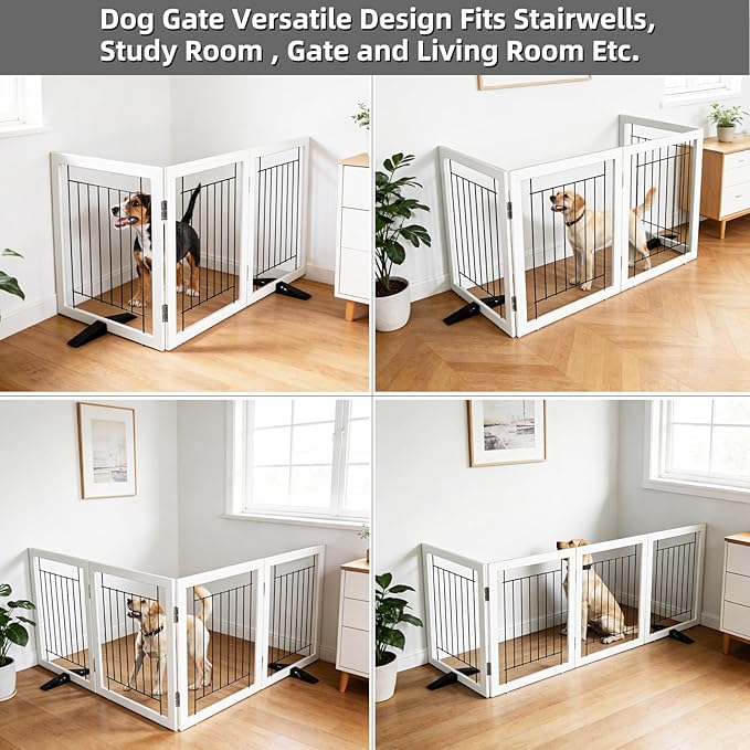 ZJSF Freestanding Dog Gate Indoor, Foldable Dog Fence for Doorways,Hallways or Stairs, Sturdy Wood Extra Wide Pet Gate with Support Feet,White,32 "Height-3 Panels