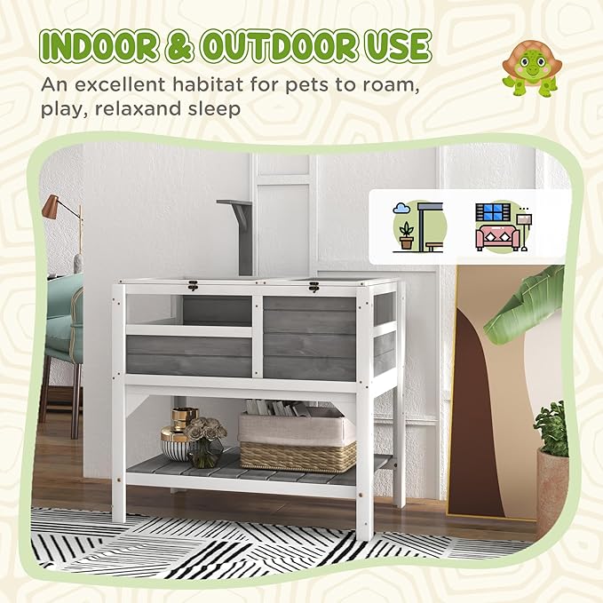 PawHut Tortoise Habitat with Shelf Storage, Tortoise Enclosure with Weather Protection, Reptile Gift Accessory, Reptile Enclosure with Tray, Light Support Frame, Light Gray