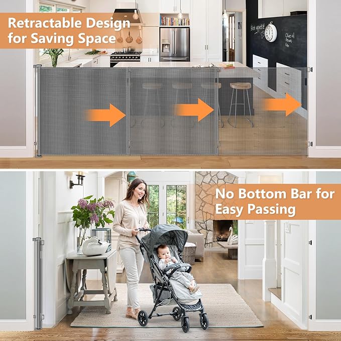 48” Tall 145” Wide Baby Gates for Large Openings Retractable Baby Gates for Doorways Extra Wide Pet Gate Indoor Gate Outdoor Dog Gate for Deck Mesh Baby Gate Retractable Gate Extra Tall Baby Gate Gray