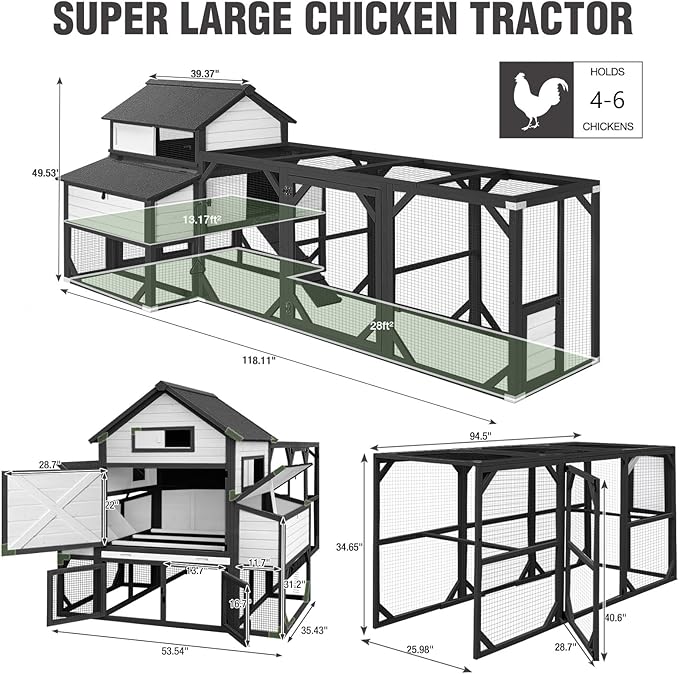 Large Chicken Coop with Run - Wooden Hen House with 6 Nesting Boxes and Removable Tray, 41.3ft² Poultry Pet Hutch Run Cage with Waterproof Asphalt Roof, fold Out House for 4-6 Chickens (White)