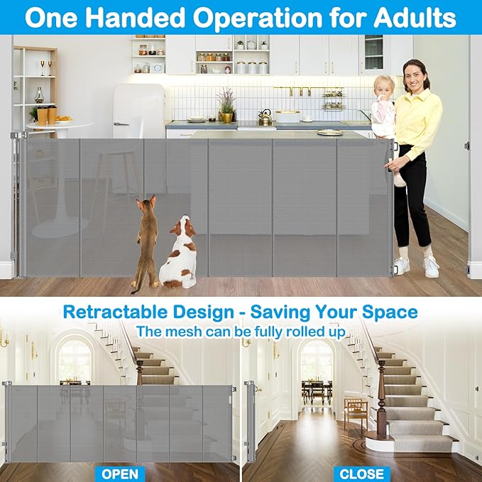 Reinforced 42" Extra Tall X 100" Extra Long Baby Gate for Large Openings with Reinforced Bars Retractable Pet Gate for Dogs Extra Wide Retractable Baby Gate No Sagging Extra Tall Retractable Dog Gate
