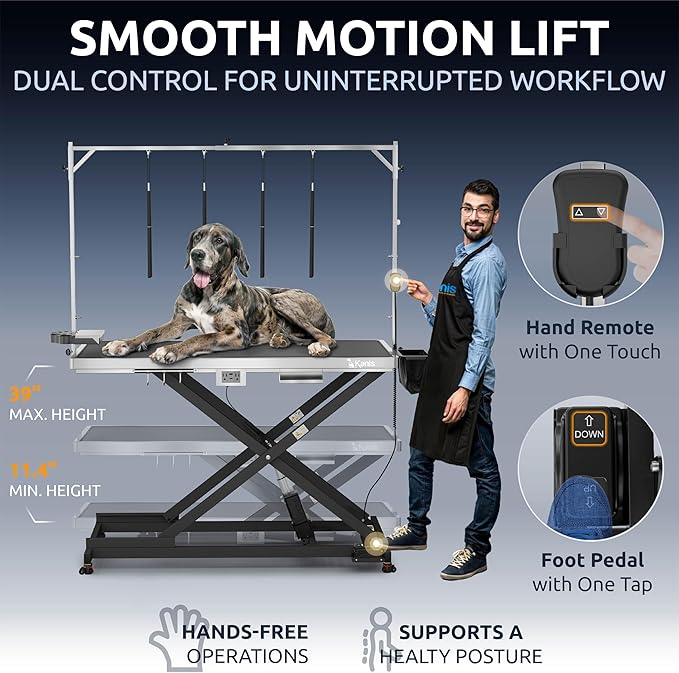 KANIS Professional Electric Dog Grooming Table - Heavy Duty, Height Adjustable Pet Grooming Table w/Leveling Wheels, Grooming Arm, Anti-Slip Tabletop & Tool Organizer/Dog Grooming Station (Black, 60")