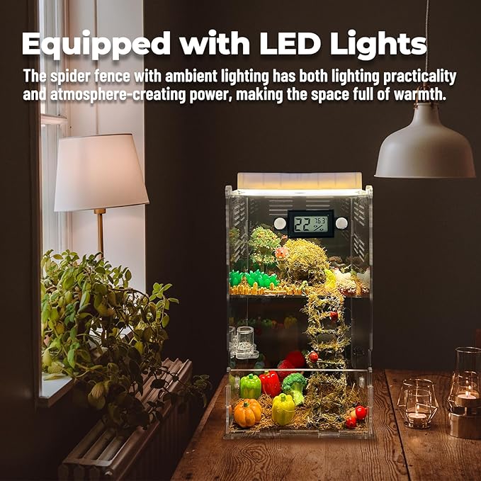Jumping Spider Enclosure,DIY Insects Habitat,Small Reptile Terrarium Glass House Accessories Set,with Temperature and Humidity Detector Water Feeder Platform Hide,5.5“x5.5”x9.5“ (Farm)