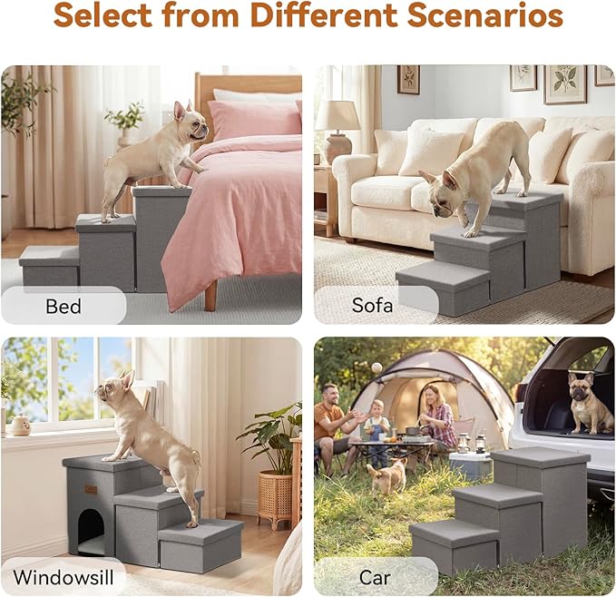 Zerbuger Dog Stairs 18" H, 3-Step Wider Dog Steps for High Beds Couch, Folding Storage Pet Stairs Gift for Small/Medium/Large Old Dogs Cats, Ramp for Climbing Car Up to 200 lbs, (Gray, with Condo)