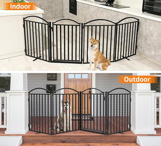 Malier Metal Freestanding Dog Gates with Door, 32'' Height Outdoor Indoor Dog Fences, 96'' Extra Wide Foldable Puppy Gate Free Standind Tall Pet Gate for Stairs, Hallways, Yard (Black, 4 Panels)