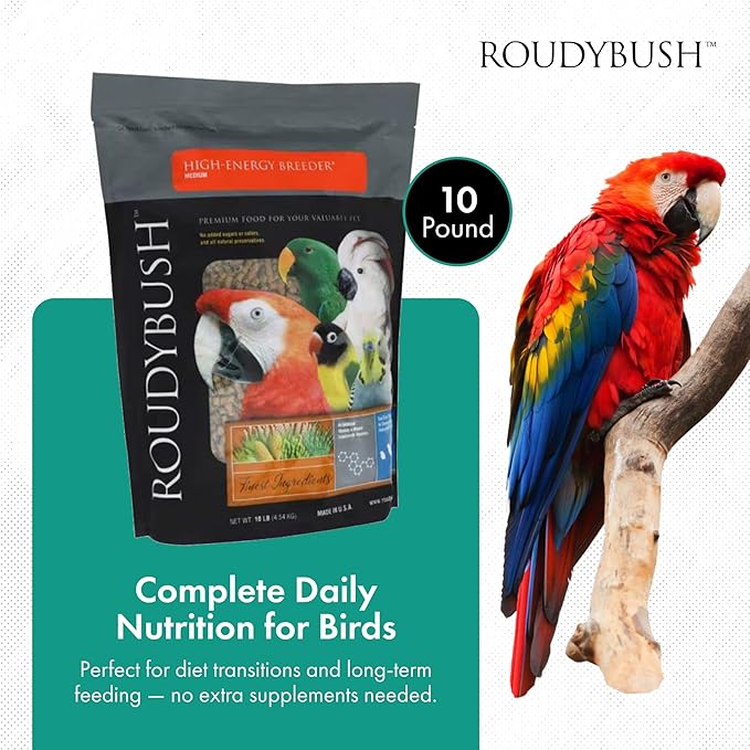 Roudybush High Energy Breeder Food for Breeding & Weaning Birds - Scientifically Formulated Bird Feed - Bird Food Pellets w/ Corn, Wheat, Soy - Nutritious & Healthy Feed for Birds (Medium, 10lb)