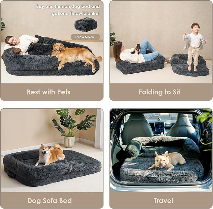 EHEYCIGA Foldable Human Dog Bed, 72"x44"x11" Orthopedic Memory Foam Human Sized Dog Bed, Waterproof Pet Bed for People, Faux Fur Pet Couch for Adult with Non-Slip Bottom, Dark Grey