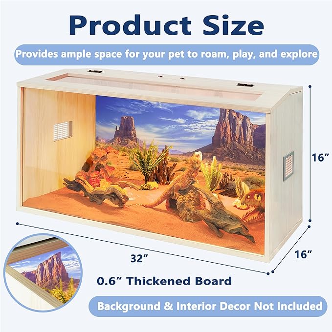 PROLEE Bearded Dragon Tank,Wooden Reptile Tank and Lizard Tank,Tempered Glass Large Bearded Dragon Enclosure with Built-in Lamp Fixture (32X16X16inch,34 Gallons)