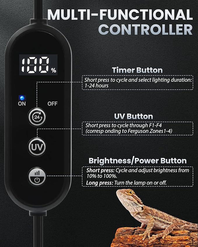 9.8 Inch Reptile LED UVB Light, Ferguson Zone 1-4 Selectable, Auto Cycle Timer, Independent Brightness Adjustment, 9W 6000K Energy-Saving Reptile Lamp (Not a Heat Lamp)