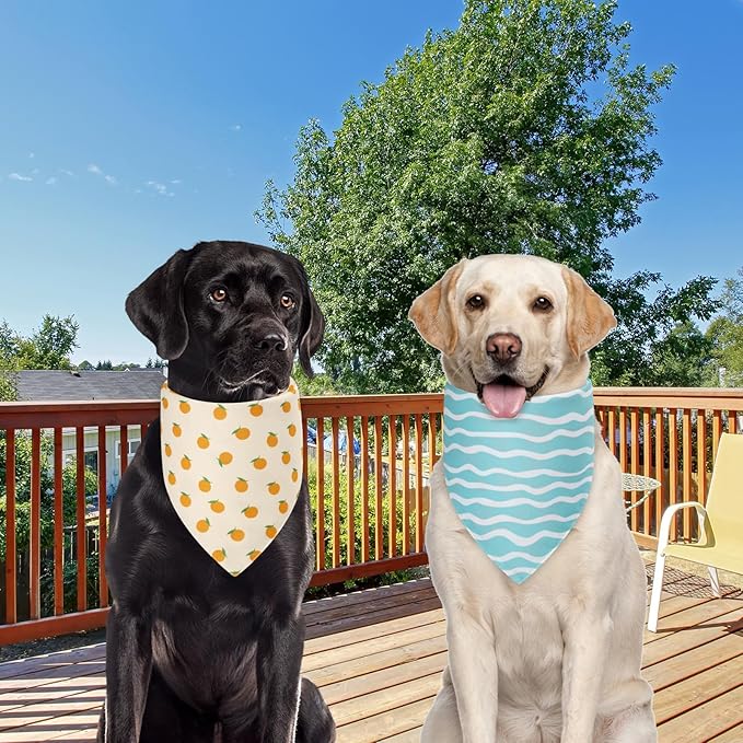 Summer Dog Bandanas Large 2PCS, 4 Pattern Blue Pink Yellow Scarf for Boy and Girl, Triangle Reversible Bibs Breed for Puppy Cats Pets