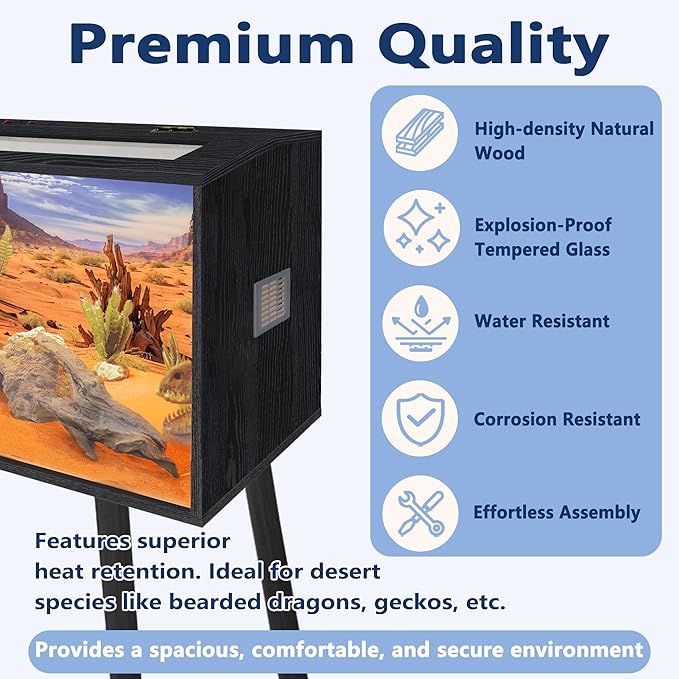 Prolee 36 Gallon Reptile Tank, Tempered Glass Bearded Dragon Tank with Wooden Roof and Lockable Doors, Large Lizard Habitat with Built-in Lamp Fixture for Snakes, Iguanas, Chameleons (Black)