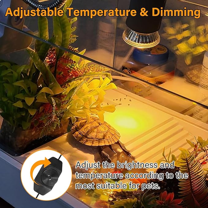 Reptile Heat Lamp with 2 Pcs 50W UVA UVB Light Bulb, 360° Rotatable Basking Spot Light Simulated Sunlight, Dimmable Heating Lamp for Turtle, Lizard, Snake, Beared Dragon, Amphibians