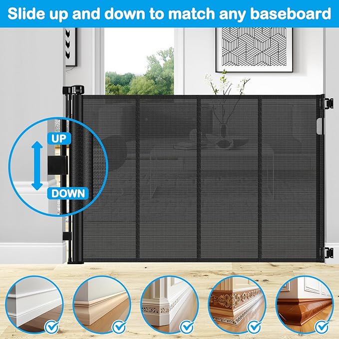 Reinforced 42" Tall X 80" Wide Retractable Dog Gate for Hallway Extra Tall Baby Gates for Dogs Indoor High Reinforced Bar Retractable Baby Gates for Doorways Extra Wide Pet Gate Outdoor, Black