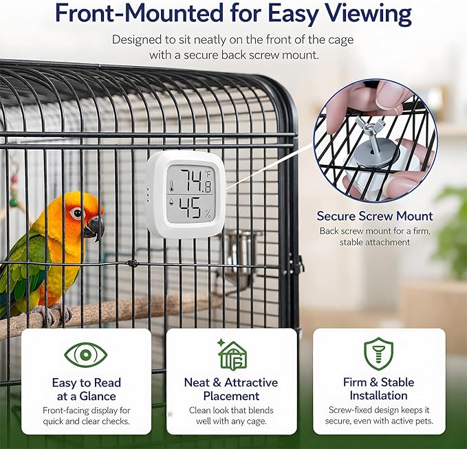 Bird Cage Thermometer,Parrot Cage Hygrometer,Pet Cage Temp Humidity Gauge,Easily Mounts on Cage,Clear Temp & Humidity,°F/°C Switch,for Bird,Hamsters,Rabbits,Guinea Pigs,and other Pet Cages (White)