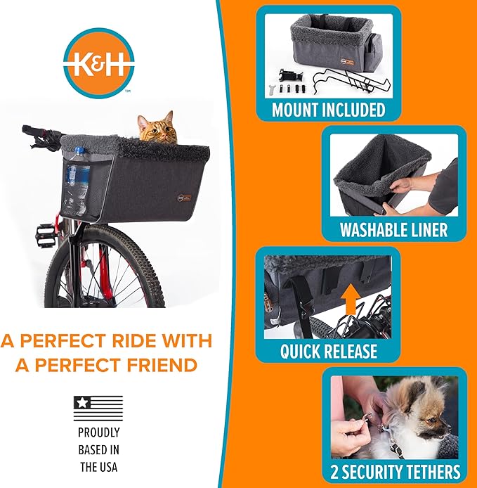 K&H Dog Bike Basket Front Mount, Pet Bike Carrier for Small Dogs & Cats, Bicycle Dog Basket with Safety Leash, Washable Liner, Heavy Duty Metal Frame, Universal Fit, 16x12x10 in