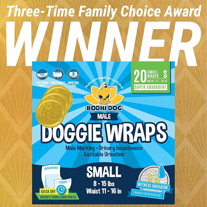 Bodhi Dog Disposable Male Dog Diapers - Super Absorbent, Leak-Proof Pee Wraps - Adjustable Fit, Comfortable Design, Advanced Moisture Control, and Wetness Indicator - Small (20 Count)