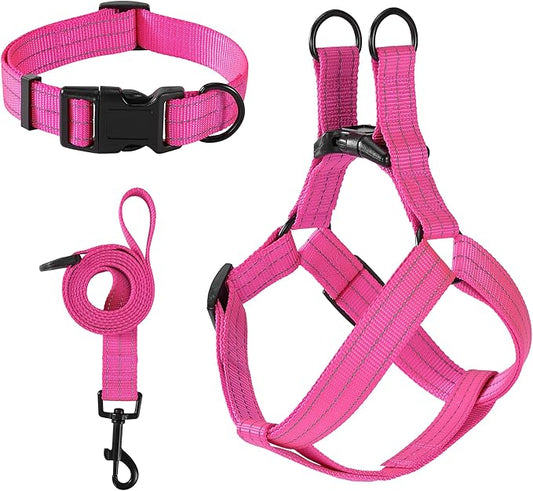 Mile High Life Night Reflective Double Adjustable Band Nylon Small Puppy Pet Dog Combo Collar Leash and Harness Set (Reflective Solid Pink, Large (Pack of 3))