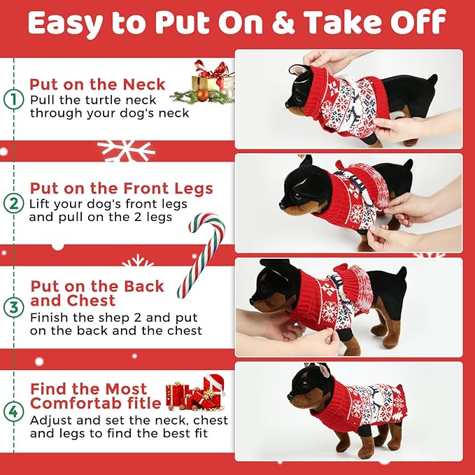 Christmas Dog Sweaters for Small Medium Large Dogs and Cats,Pet Soft Warm Holiday Outfit Girl & Boy,Pup Winter Clothes Turtleneck Double Knitting Collar for Outdoors Playing (Deer, L)