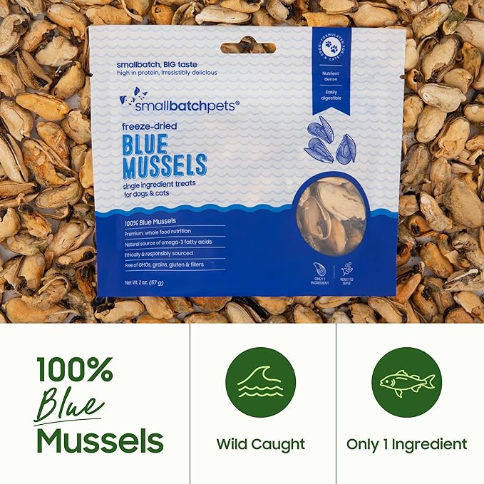 smallbatch Pets Freeze Dried Cat & Dog Treats, 2oz - 100% Blue Mussels, Organic High Protein Treats, Omega 3 Fatty Acids, Gluten Free, Grain Free, Made in the USA, Ethically Sourced, Single Protein