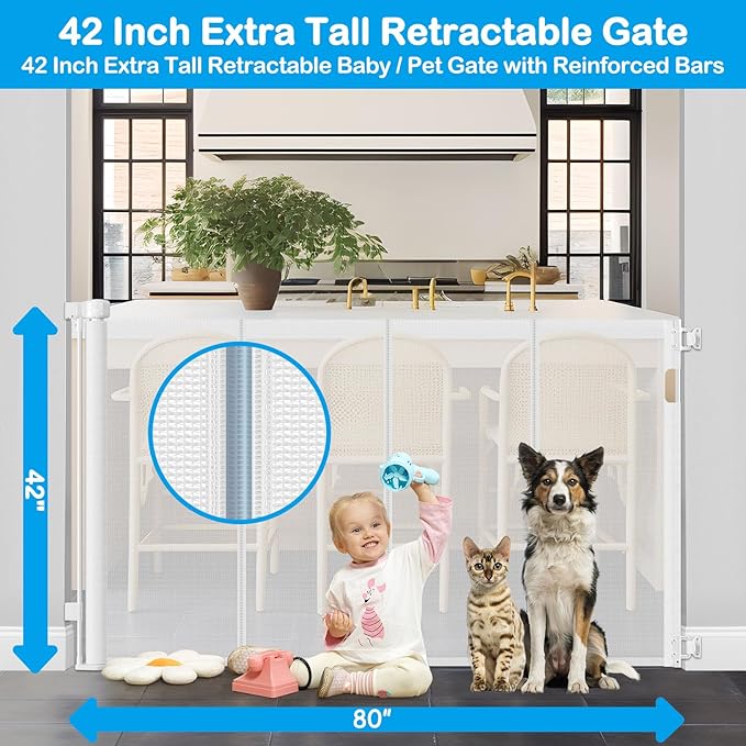 Reinforced 42" Tall X 80" Wide Retractable Baby Gate for Doorway 3.5ft Extra Tall Cat Gate for Stairs Indoor Retractable Baby Gates Extra Wide with Reinforced Bar Mesh Gates for Kids or Pets, White