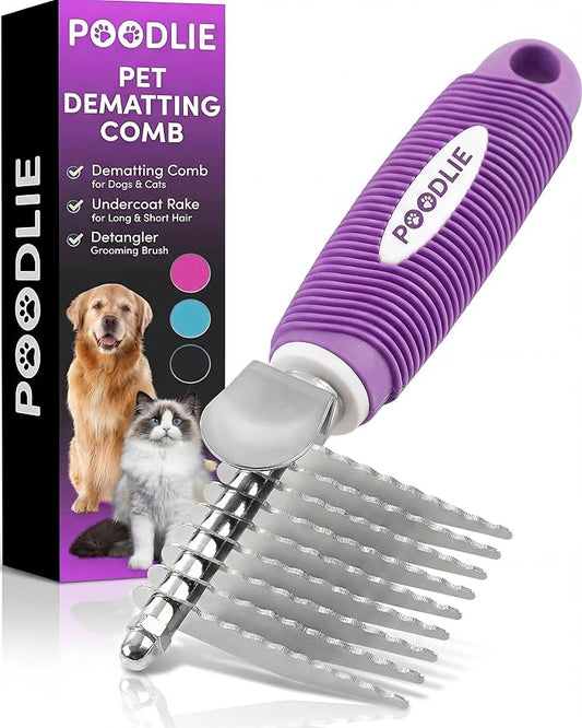 Poodle Dematting Fur Rake Comb Brush for Dogs and Cats - Long 2.5" Steel Safety Blades Metal Comb for Detangling Matted or Knotted Undercoat Hair