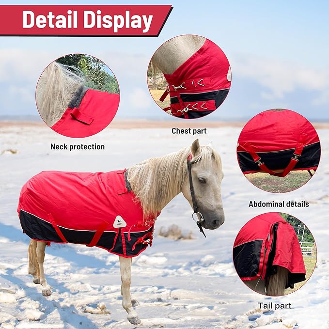 Horse Care Blanket Foal Mini Horse Size 47"-55" Winter 1200D Premium Turnout Horse Blanket with 220g Polyfill,Medium Weight Waterproof Sheets (Red, US 47 inch (EU 90 cm))