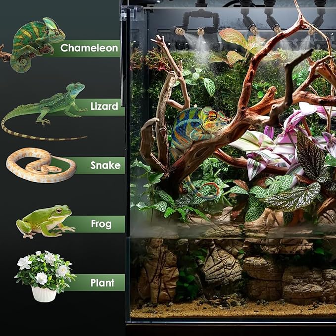 LANUEVA Timing Reptile Smart Mister, Terrarium Misting System with 3 Single Nozzles 360°Adjustable + 1 Double Nozzle, Reptile Fogger Humidifier for Lizard, Chameleon, Plants, Amphibian, Vivarium, Tank