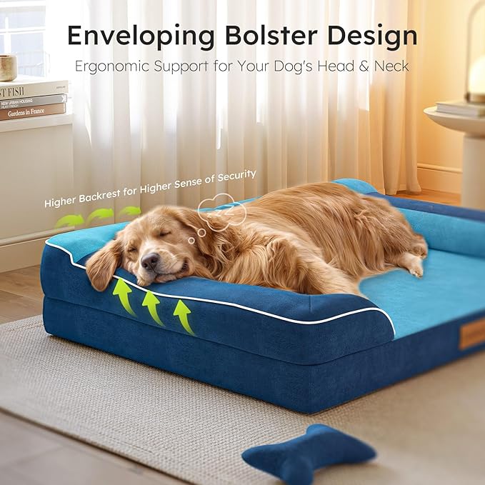 CWAWZ Extra Large Dog Bed, Orthopedic Dog Bed with Cooling Gel Memory Foam, Waterproof XL Pet Bed with Removable Washable Cover, 42" Pet Sofa Couch Dutch Velvet with Bone Toy, Navy Blue