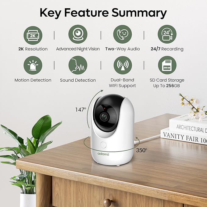 adomii 2K Indoor Cameras for Home Security - Camera with Pan/Tilt, 33ft Night Vision, 2 Way Audio, BLE Pairing - Motion Detector Indoor Wi-Fi Camera for Baby & Pet Monitor