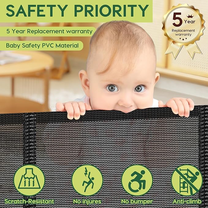 Reinforced 55" Wide Retractable Baby Gates with Reinforced Strips, Indoor/Outdoor Retractable Dog Gate for Doorway Prevent Bottom Drilling Through, No Bottom Bar Safety Mesh Baby Gate for Stair, Black