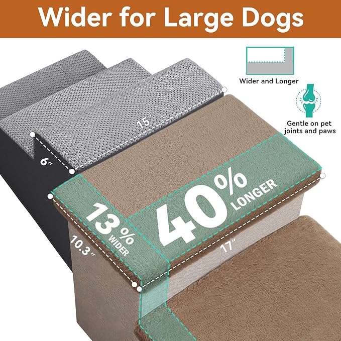 Zerbuger Dog Stairs with Furry Lids 18" H, 3-Step Wider Dog Steps with Storage for Small/Medium/Large Old Dogs Cats, Folding Sturdy Pet Stairs Climbing Bed Couch, Ramp for Car Up to 200 lbs, Khaki