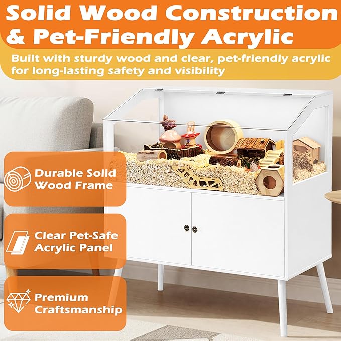 PROLEE Hamster Cage with Storage Cabinet,Large Hamster Encloure Chew Proof Wood,Clear View Hamster Habitat for Guinea Pig, Ferret, Rat, Hedgehog, 40" L x 20" W x 47" H (White)